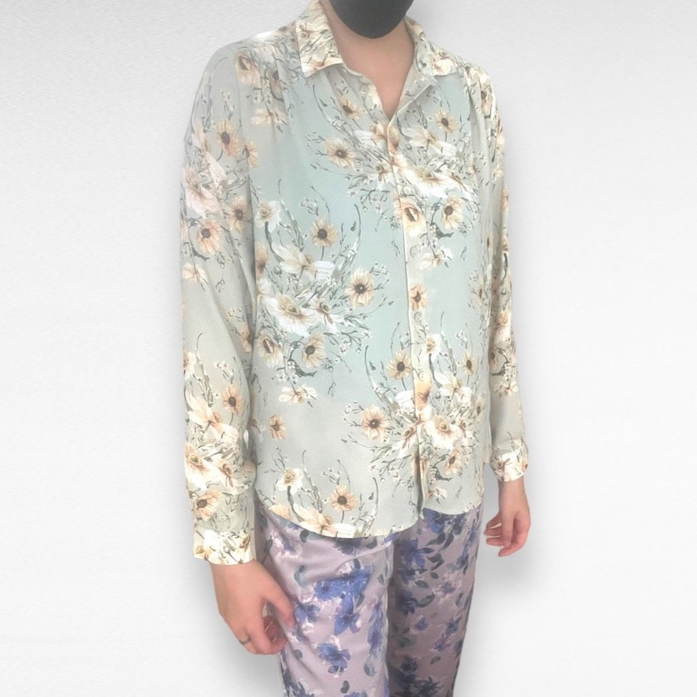 🌻 Vintage Psychedelic Flower Teal Sheer Classic Shirt  🌻